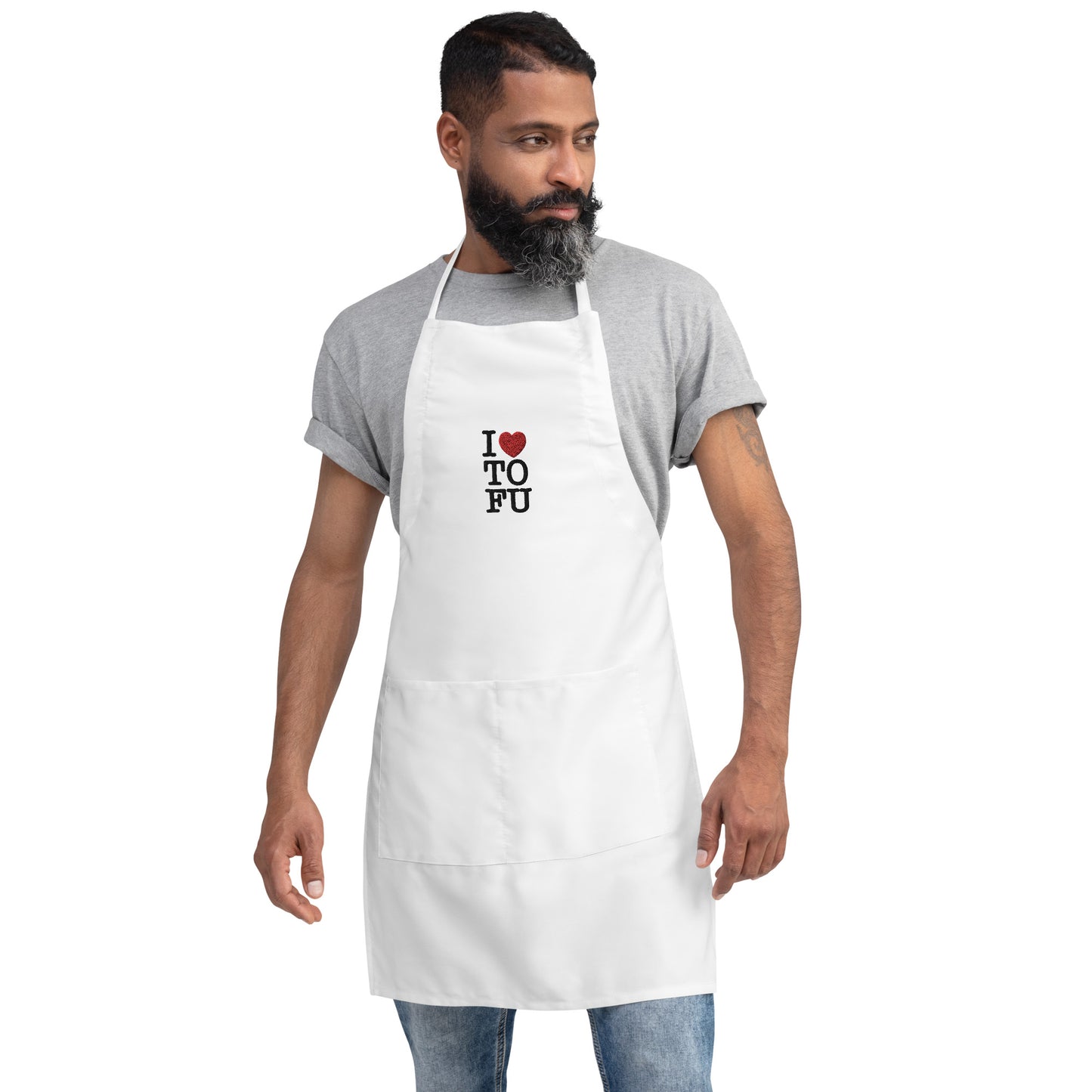 I Heart TOFU Vegan White Embroidered Apron designed by  White Buffalo Vegan Apparel