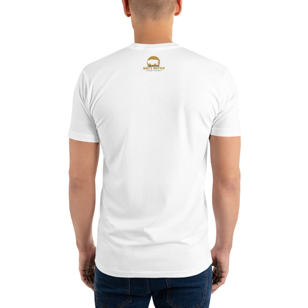 Iron Medley Power Green Vegan White Short Sleeve T-shirt with White Buffalo Vegan Apparel logo in the back