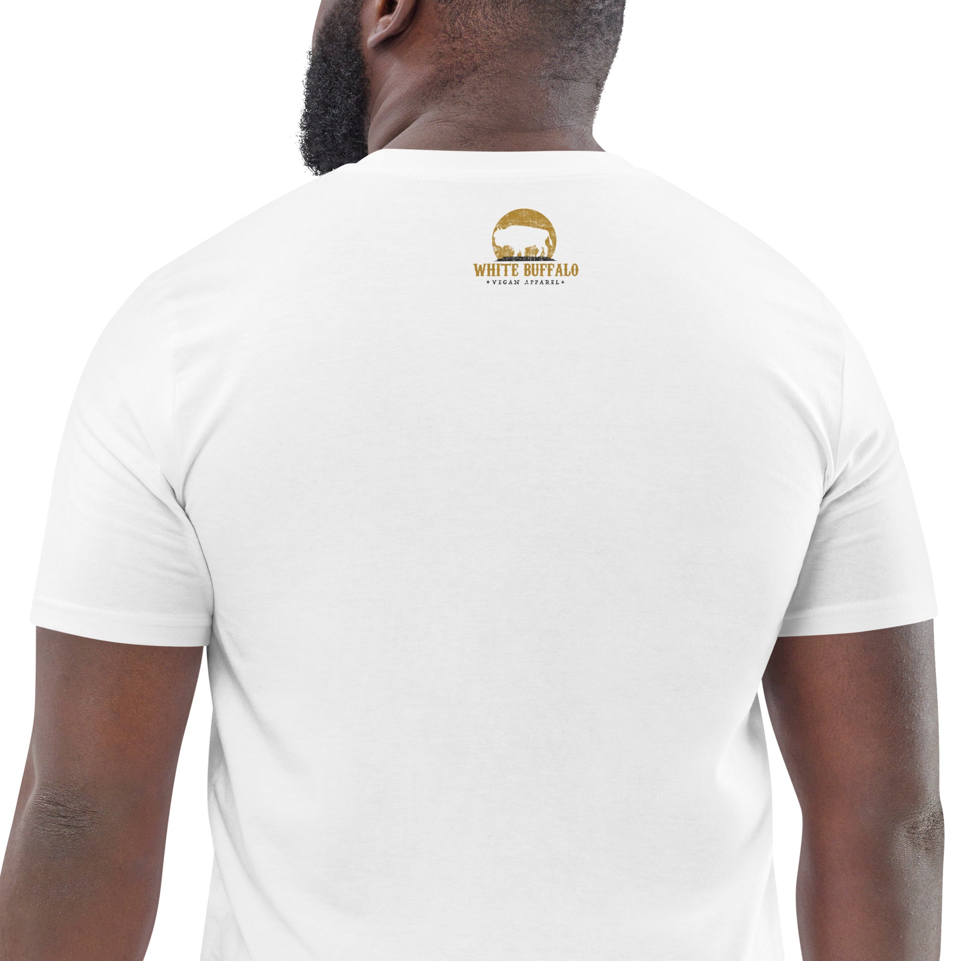 white buffalo vegan apparel logo printed on back of white shirt