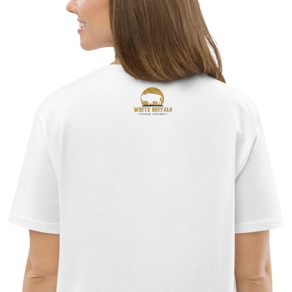  White Buffalo Vegan Apparel logo on the back of shirt