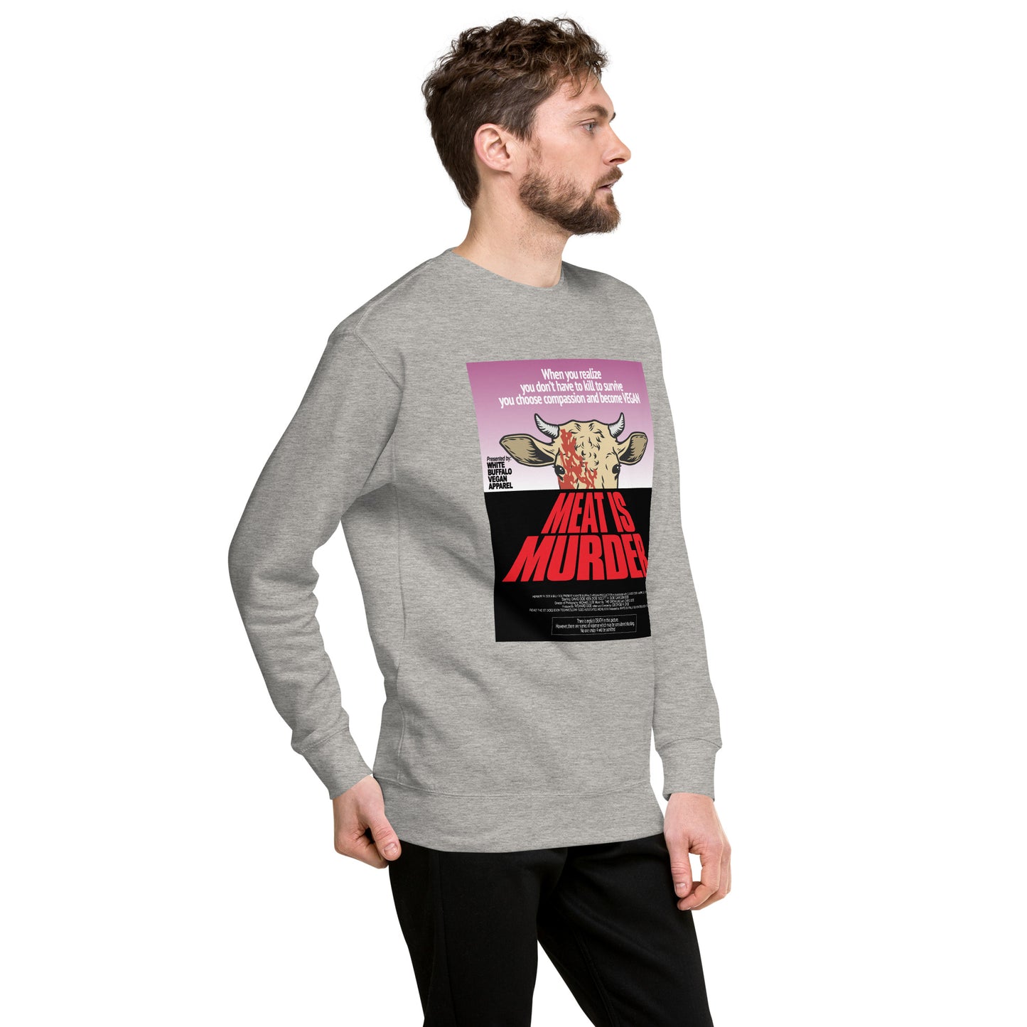 Sweater Grey Meat is Murder inspired by Dawn of the Dead poster created by White Buffalo Vegan Apparel