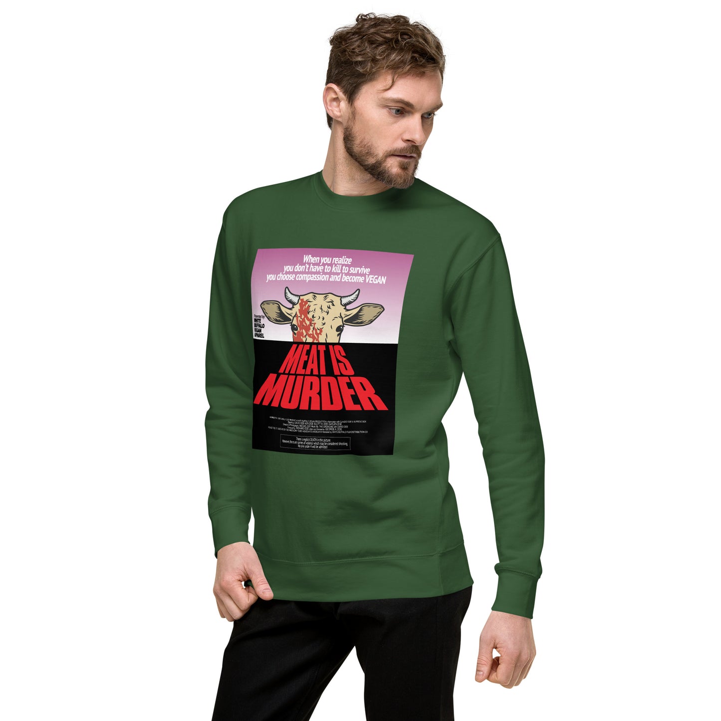Green Sweater Charcoal Heather Meat is Murder inspired by Dawn of the Dead poster created by White Buffalo Vegan Apparel