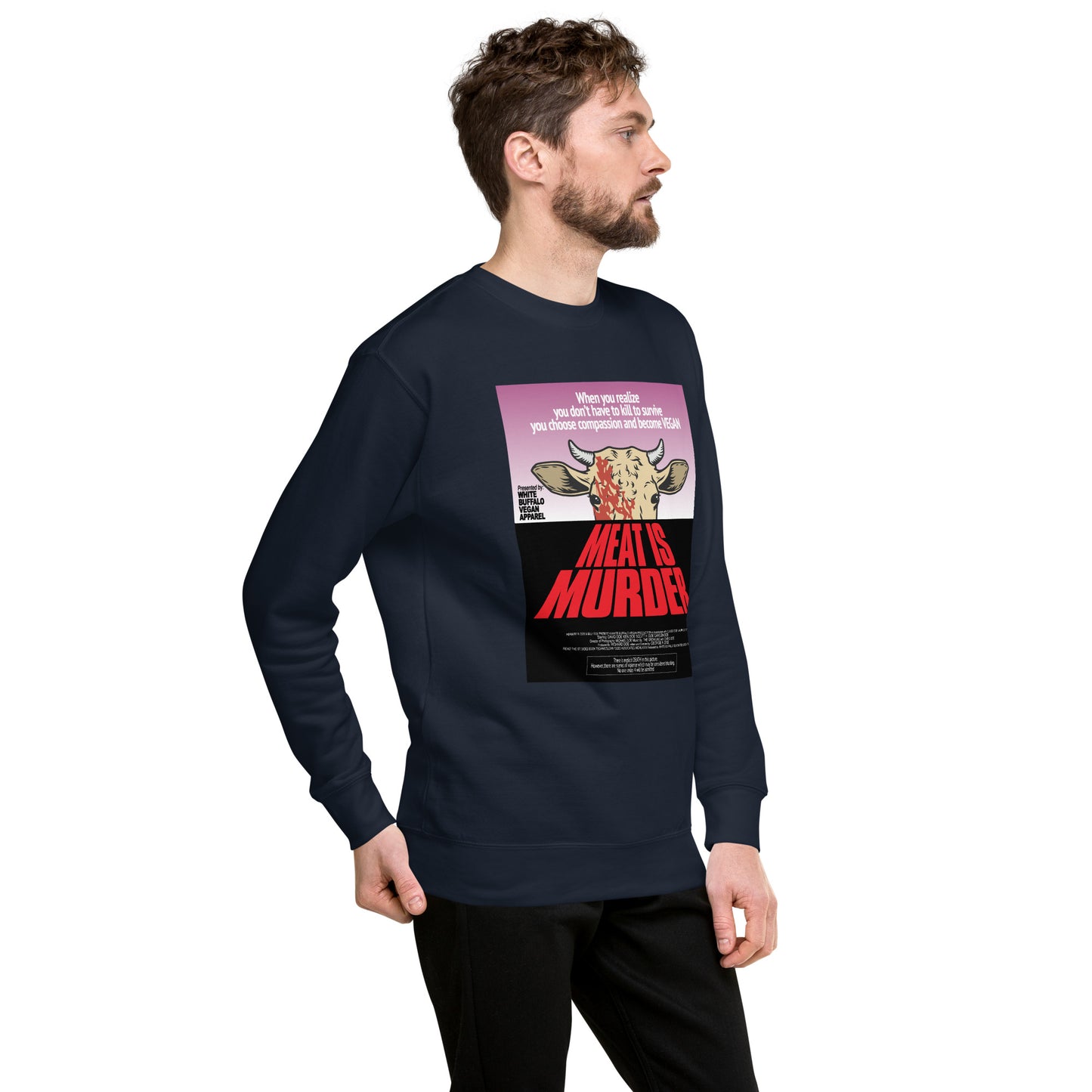 Sweater Navy Meat is Murder inspired by Dawn of the Dead poster created by White Buffalo Vegan Apparel