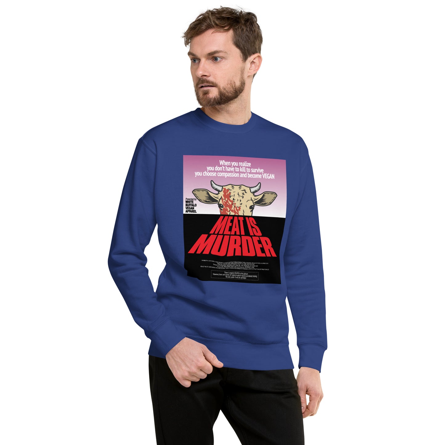 Sweater blue Meat is Murder inspired by Dawn of the Dead poster created by White Buffalo Vegan Apparel