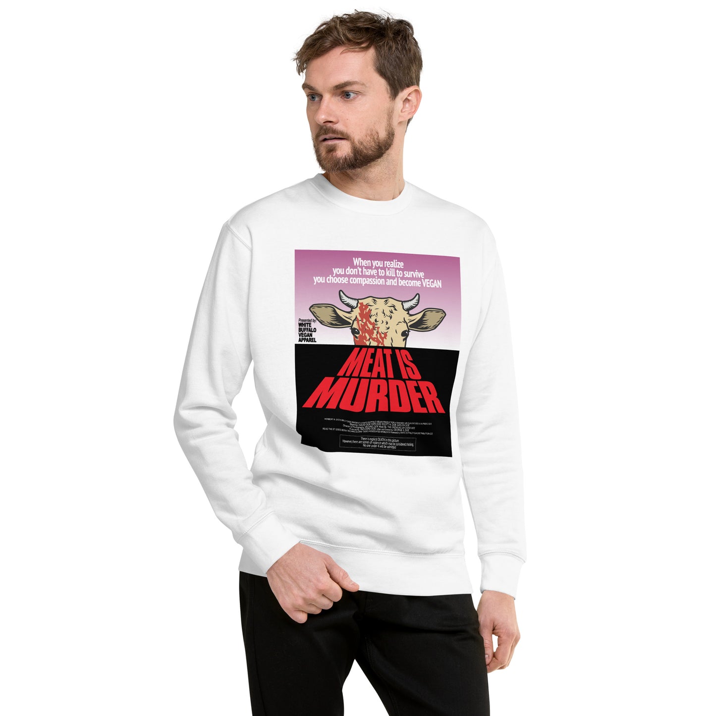 Sweater White Meat is Murder inspired by Dawn of the Dead poster created by White Buffalo Vegan Apparel